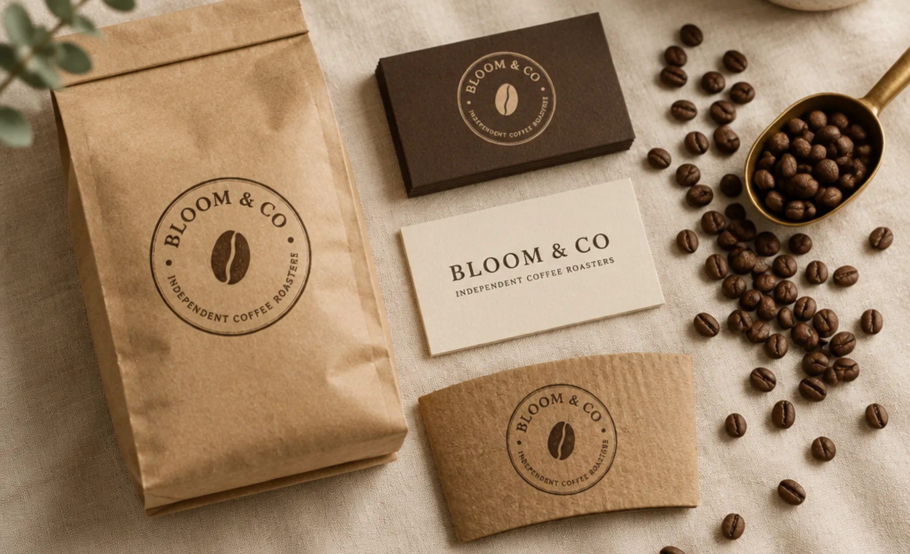Example logo and business card design for an invented coffee roastery, Bloom & Co: a circular badge logo with a coffee bean mark, on cream and brown business cards