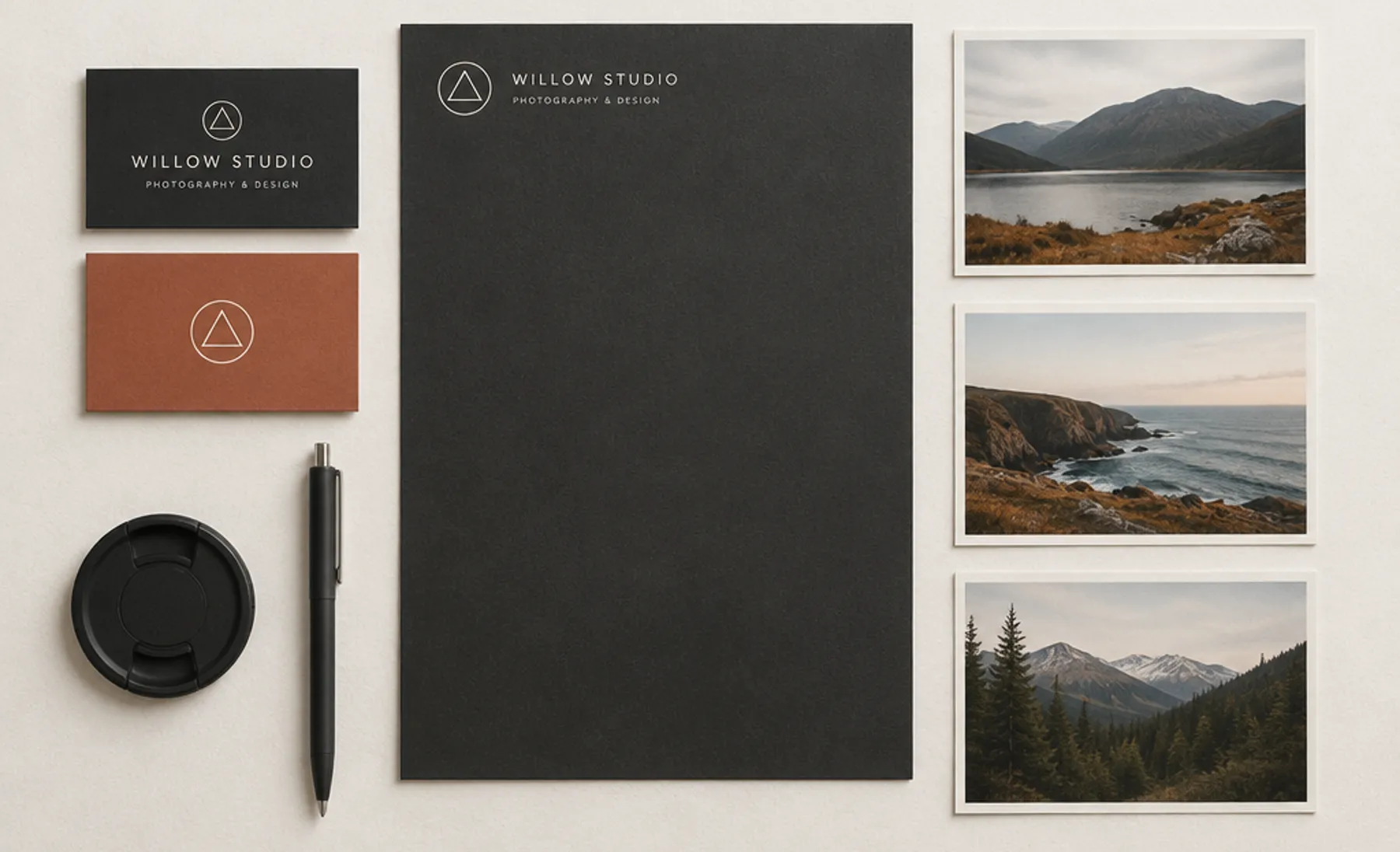 Example logo and business card design for an invented photography studio, Willow Studio: a minimal geometric mark with a modern wordmark, on charcoal and terracotta business cards