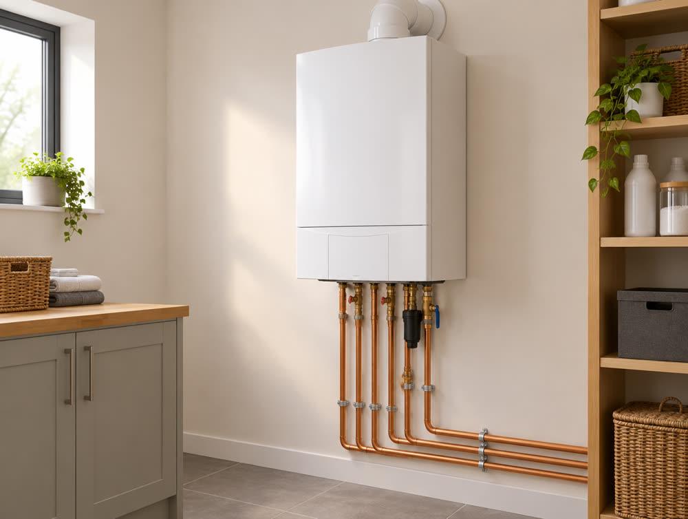 A white wall-hung boiler