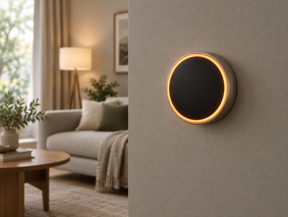 A smart thermostat on a wall