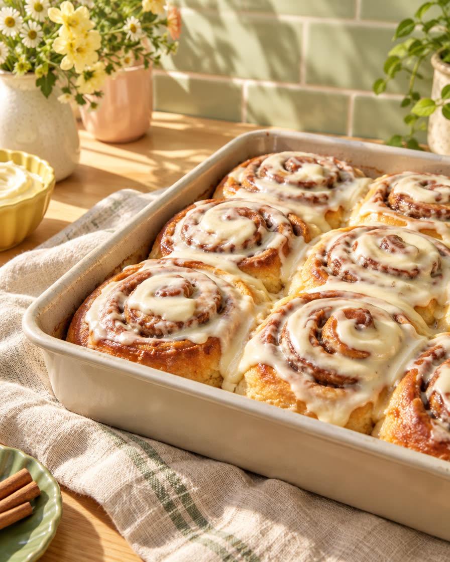 Iced cinnamon buns in a tray