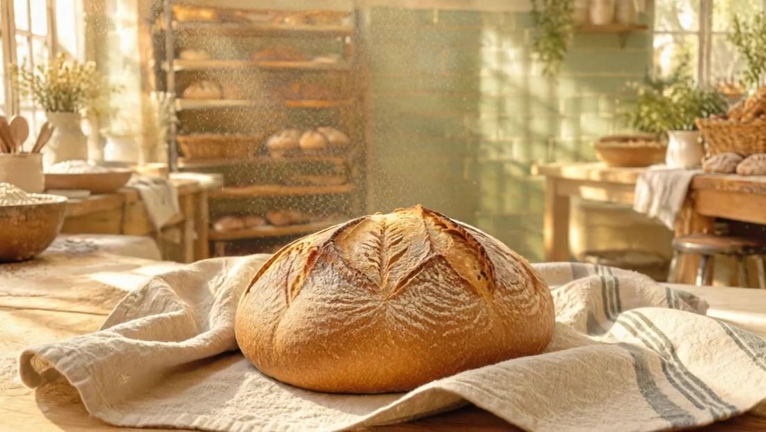 A scored sourdough loaf on linen