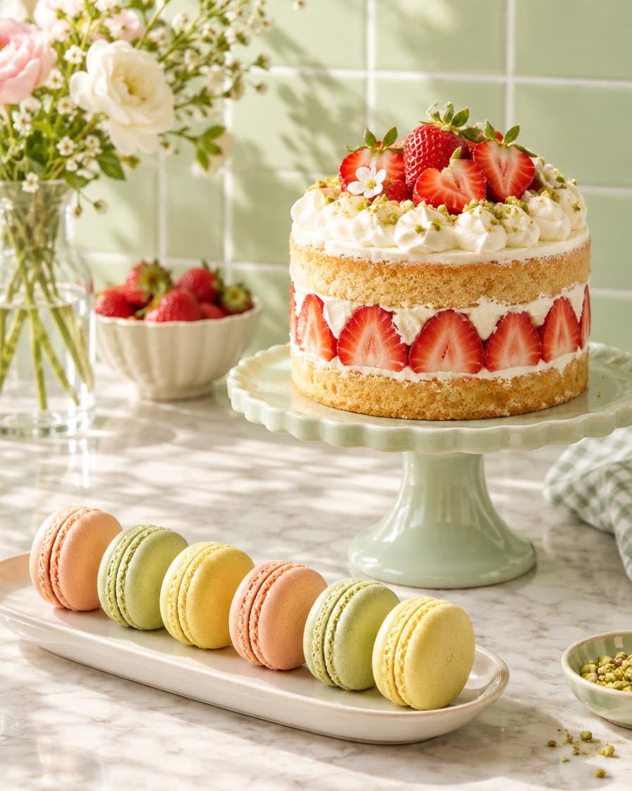 Pastel macarons and a strawberry cake