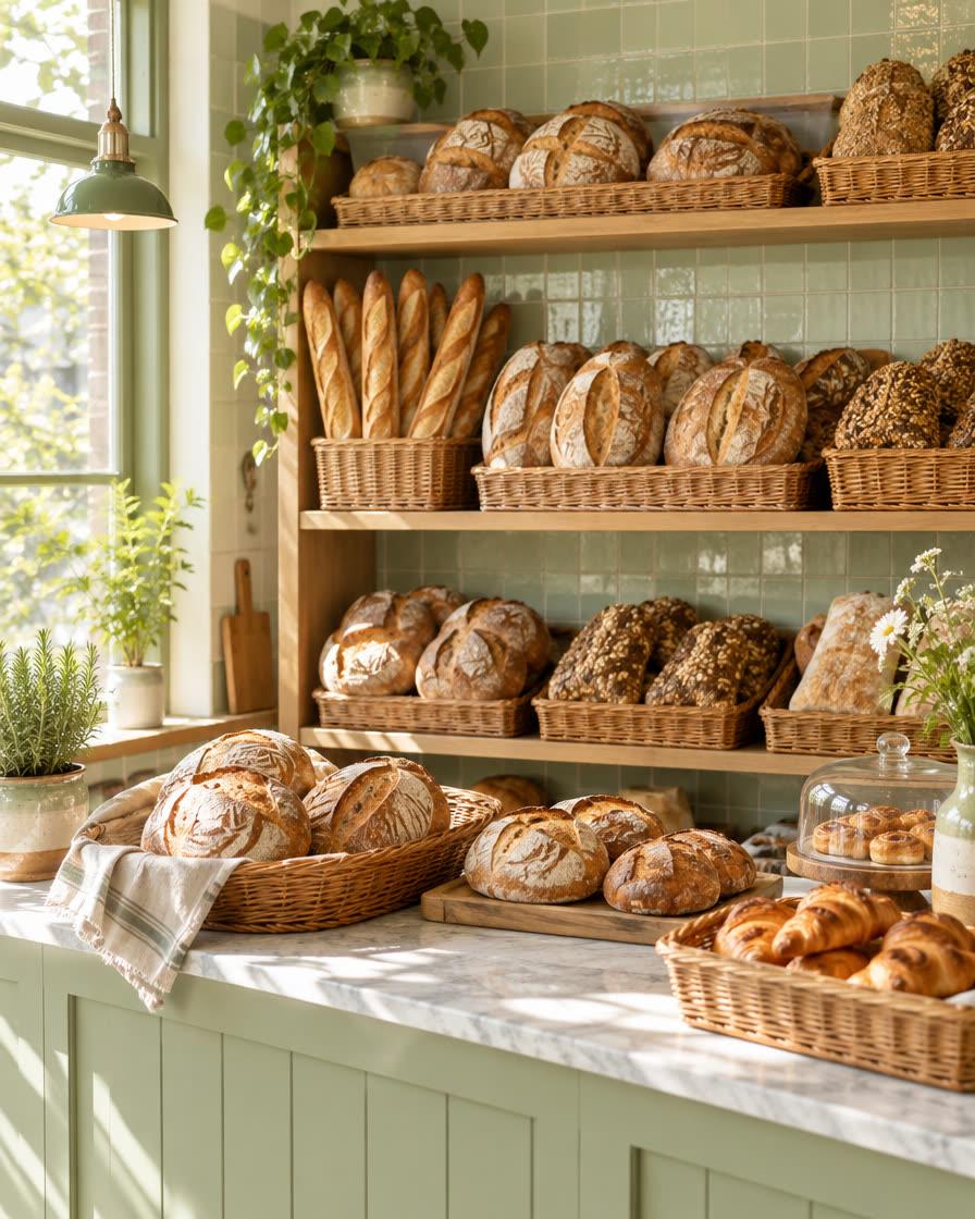 The bakery counter with shelves of bread