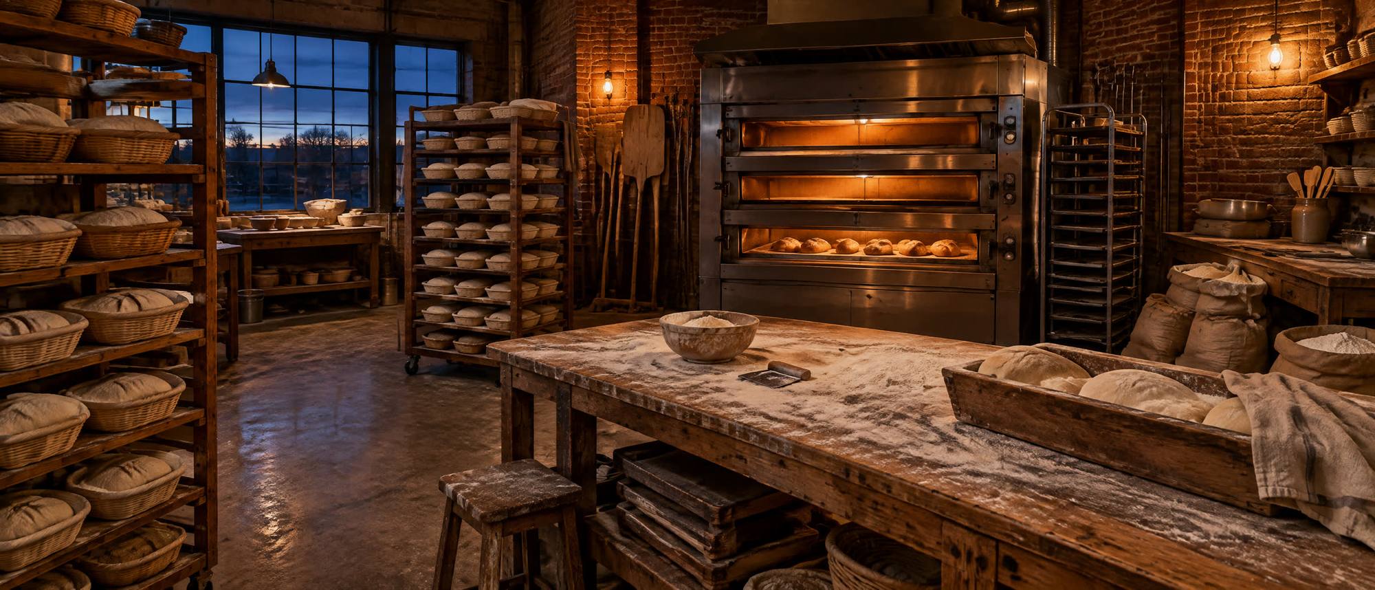 A rustic bakery workshop with proofing baskets