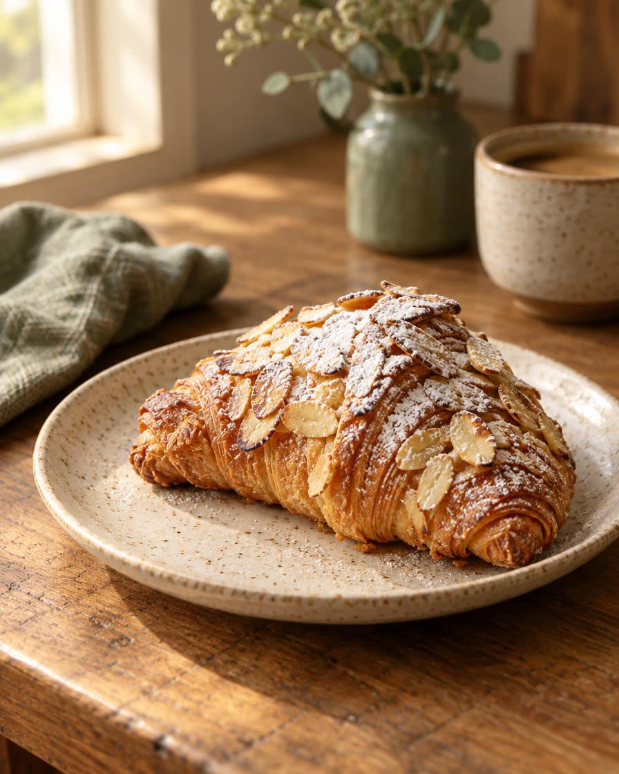 Almond croissant on a ceramic plate