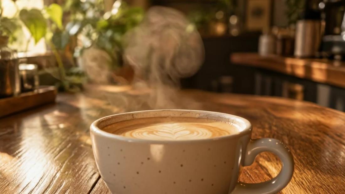 Latte art in a speckled cup