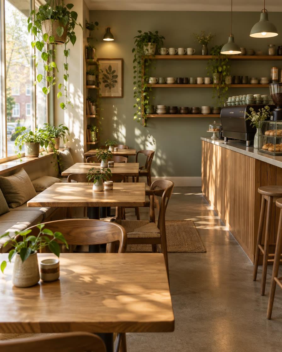 The cafe interior with oak tables and plants