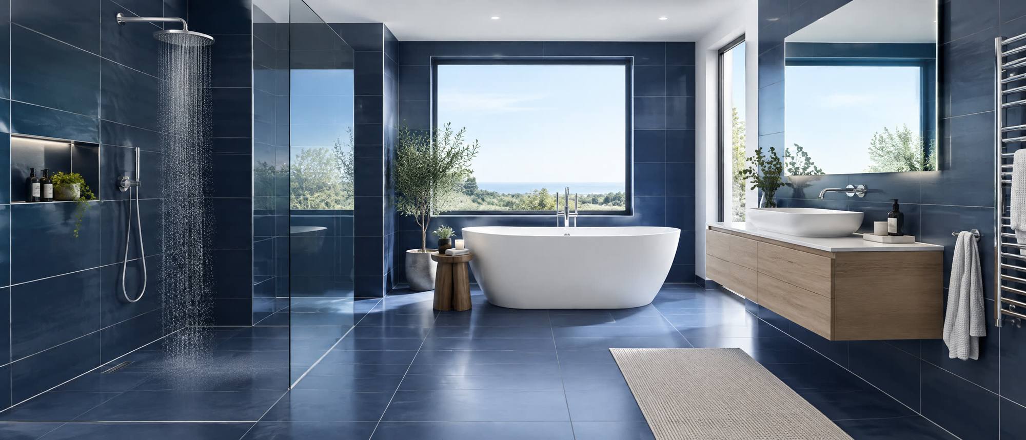 A modern navy tiled bathroom