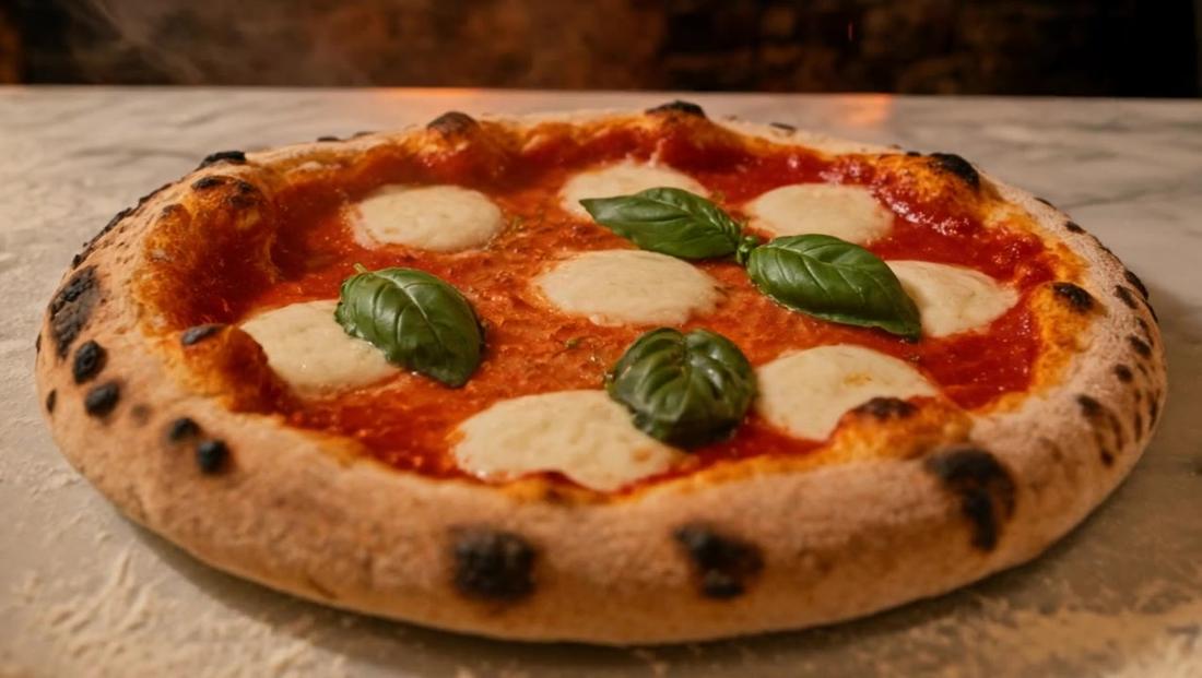 Fresh baked pizza on marble