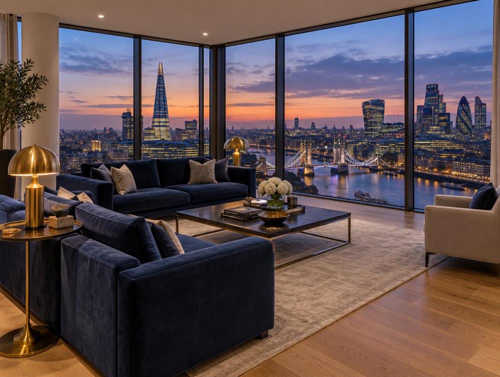 Penthouse living room with city view
