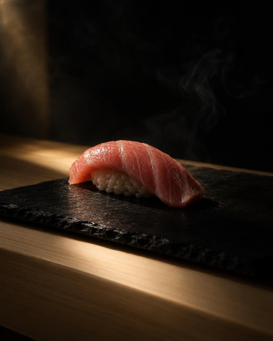 Fatty tuna nigiri on black slate