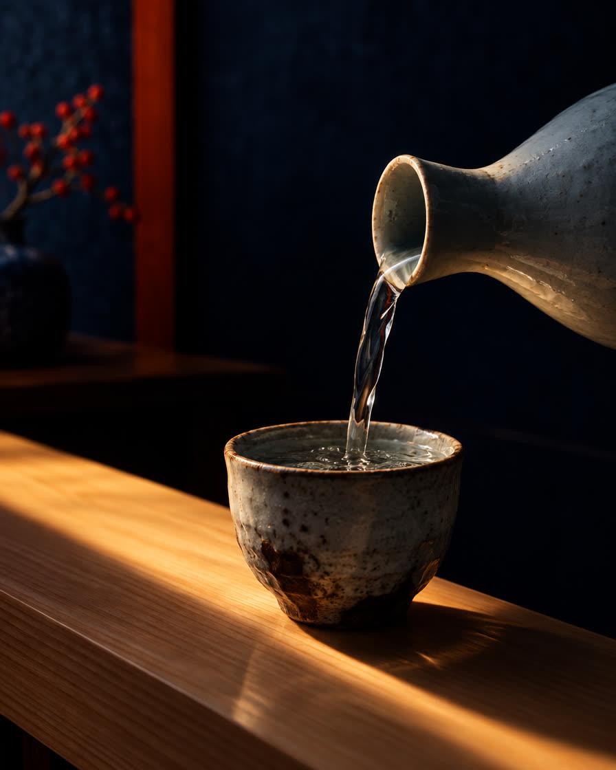 Sake poured into a ceramic cup