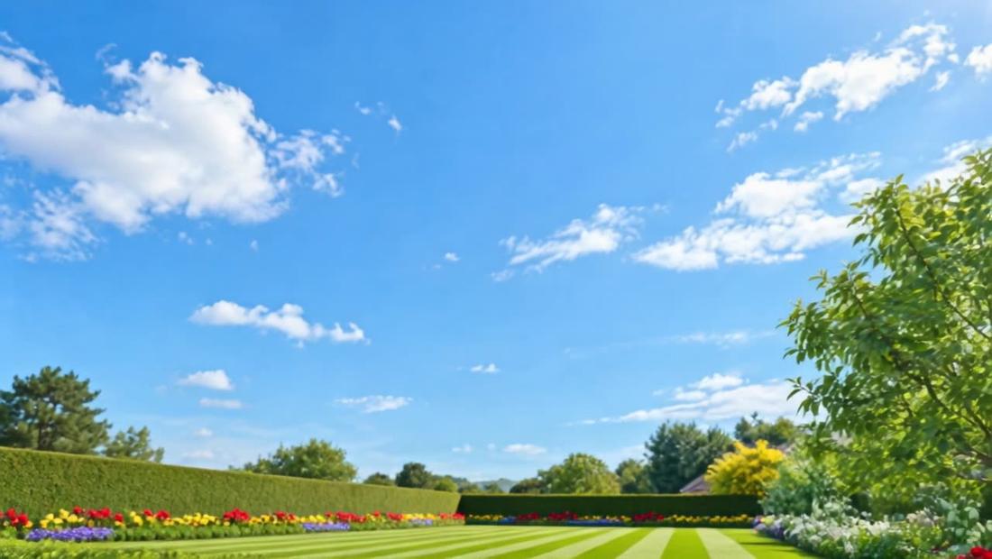 A perfectly striped lawn with a flower border