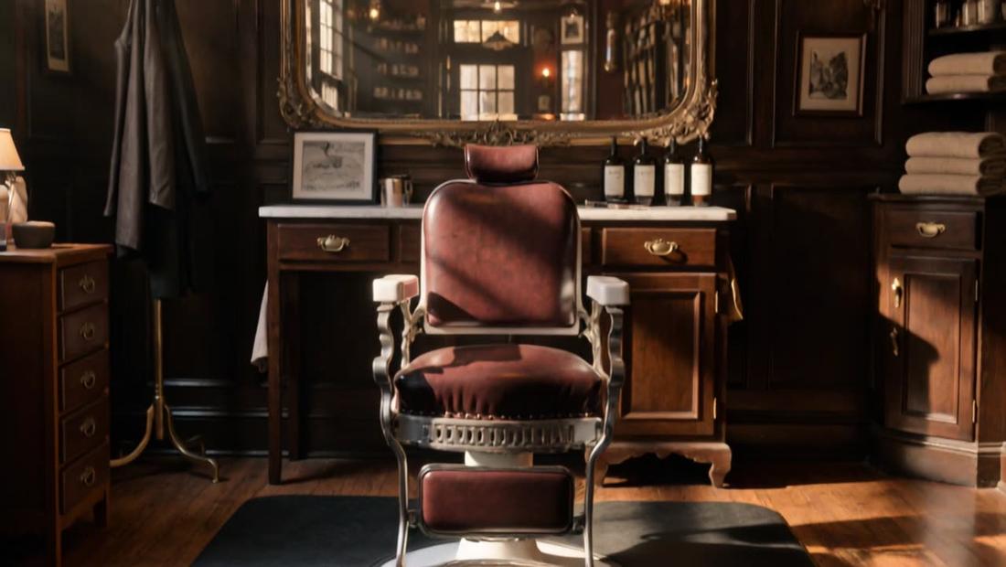A vintage oxblood barber chair in front of an ornate mirror