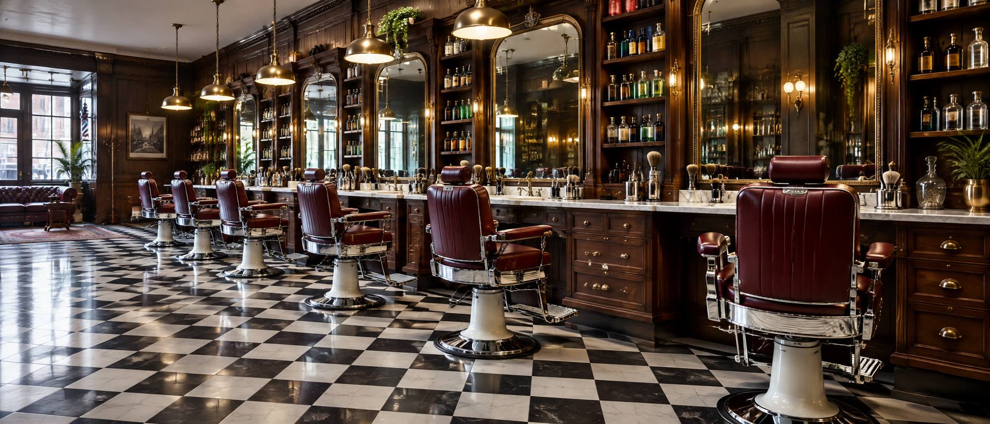 A row of vintage barber chairs and mirrors