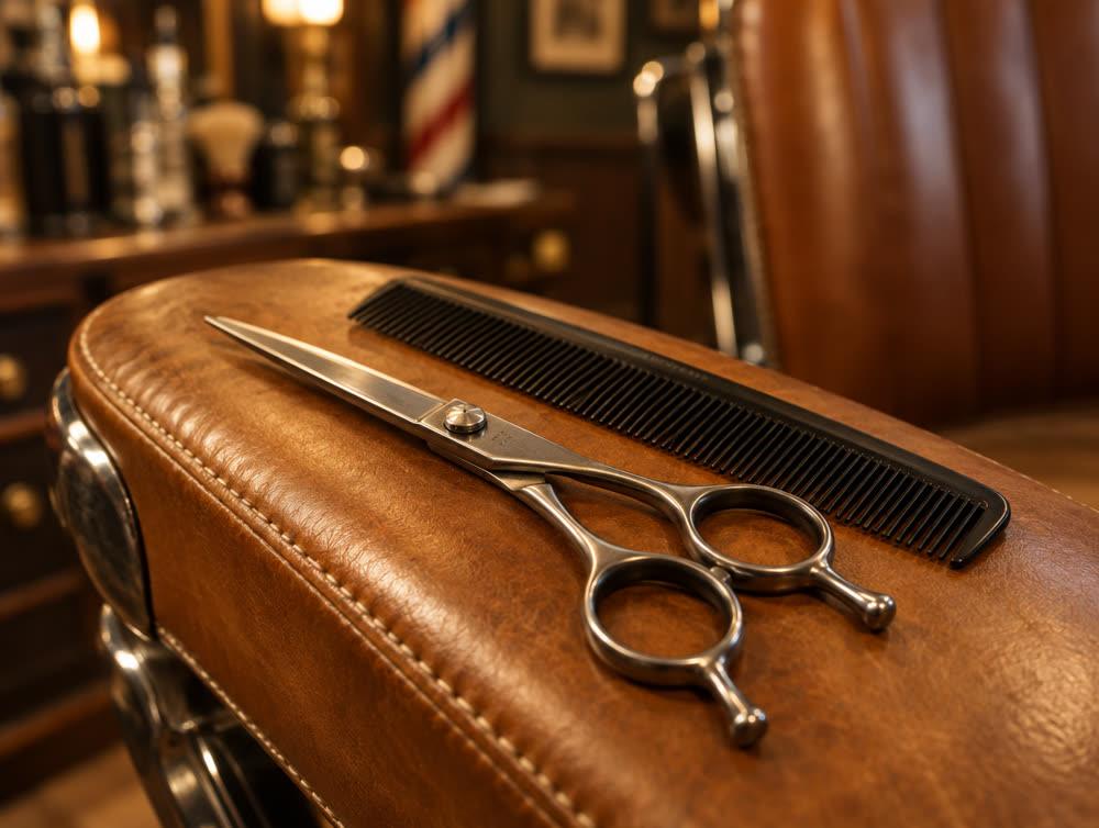 Scissors and comb on leather